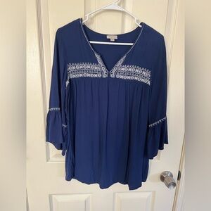 Avenue Navy Blue Embroidered Boho Peasant Blouse Bell Sleeves Size 14/16